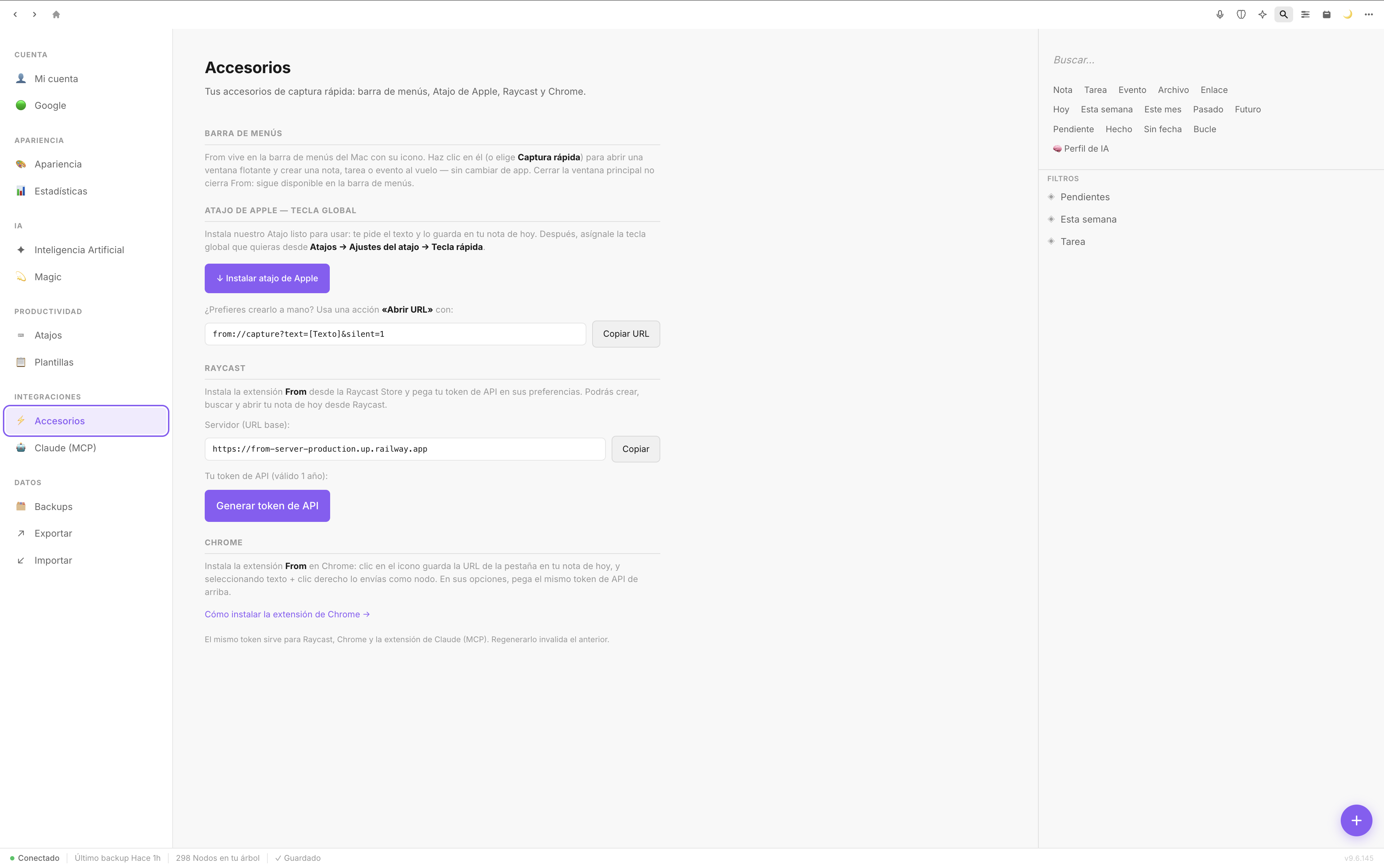 Ajustes de From mostrando la sección Chrome con el botón de instalación