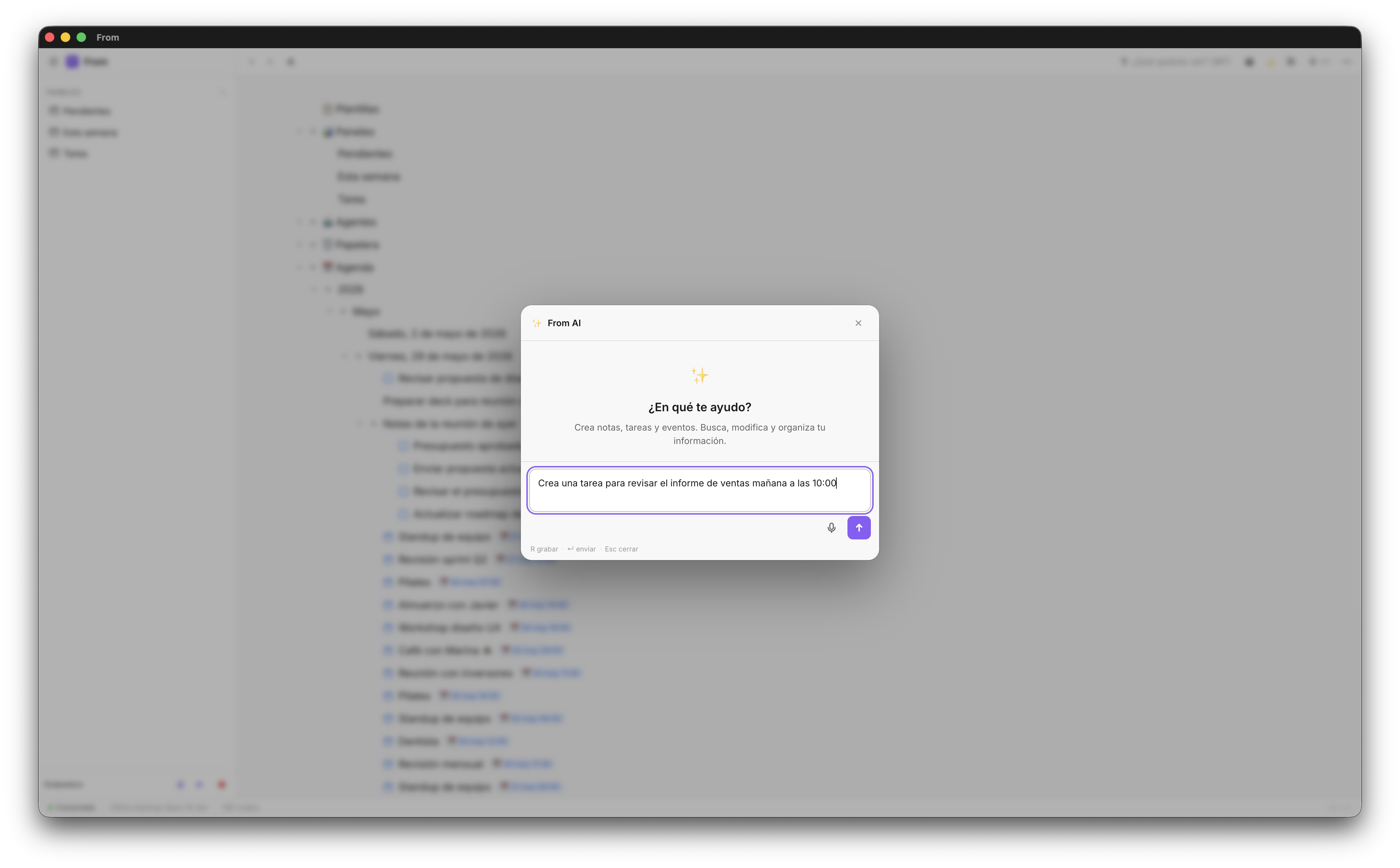 Escribiendo una instrucción en From AI para crear una tarea