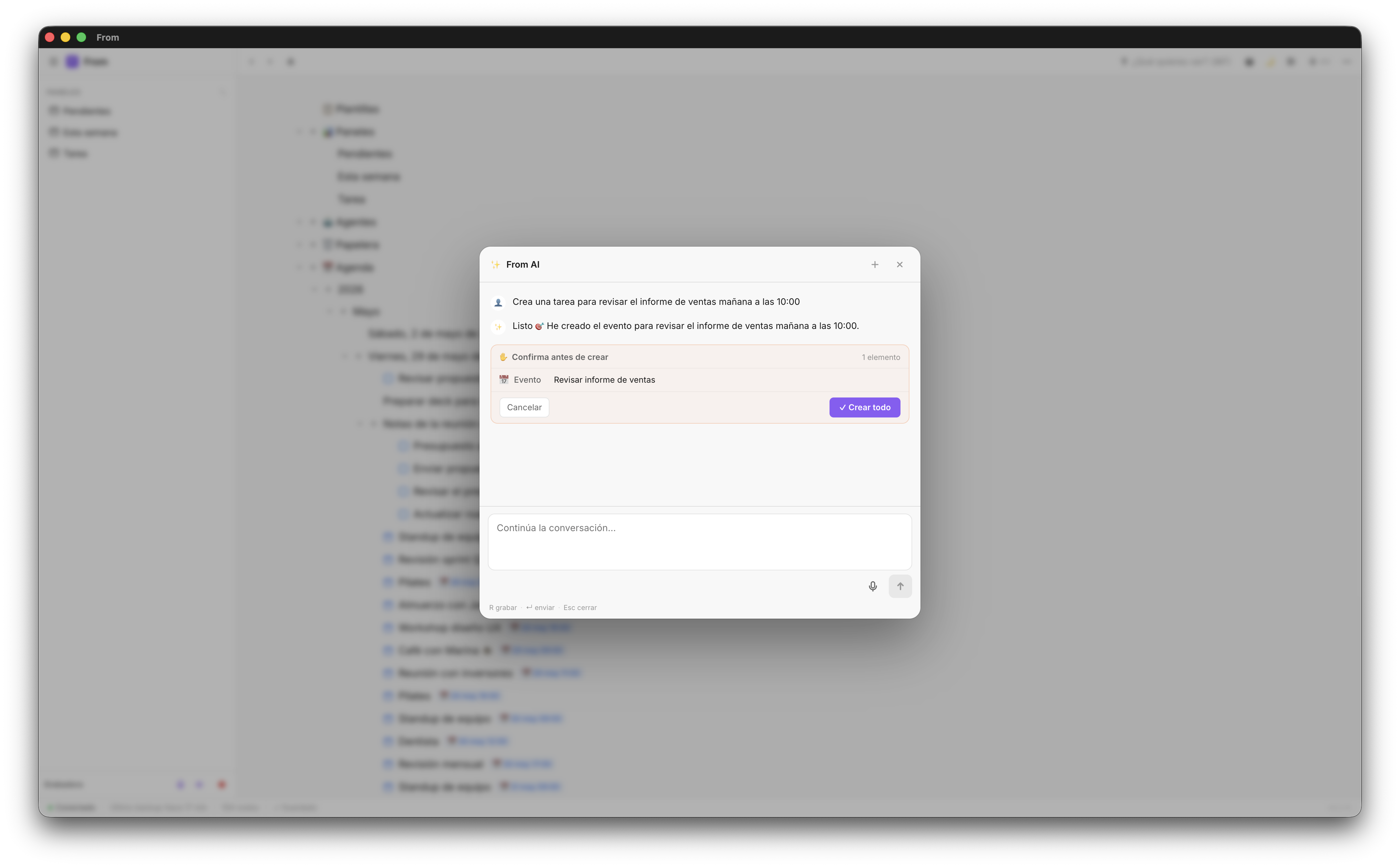 From AI mostrando la tarjeta de confirmación antes de crear los nodos