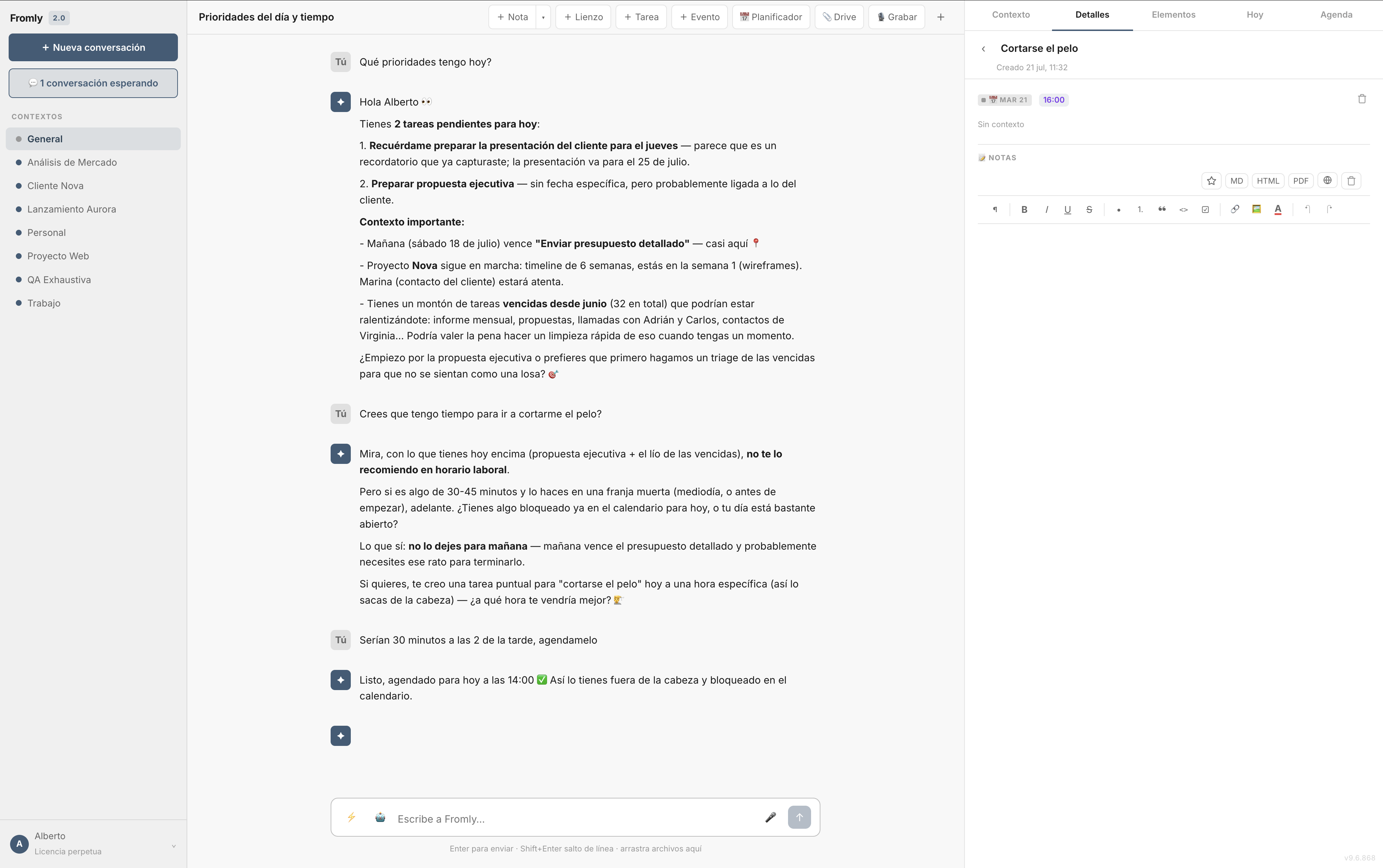 Ventana de chat de Fromly con conversación activa