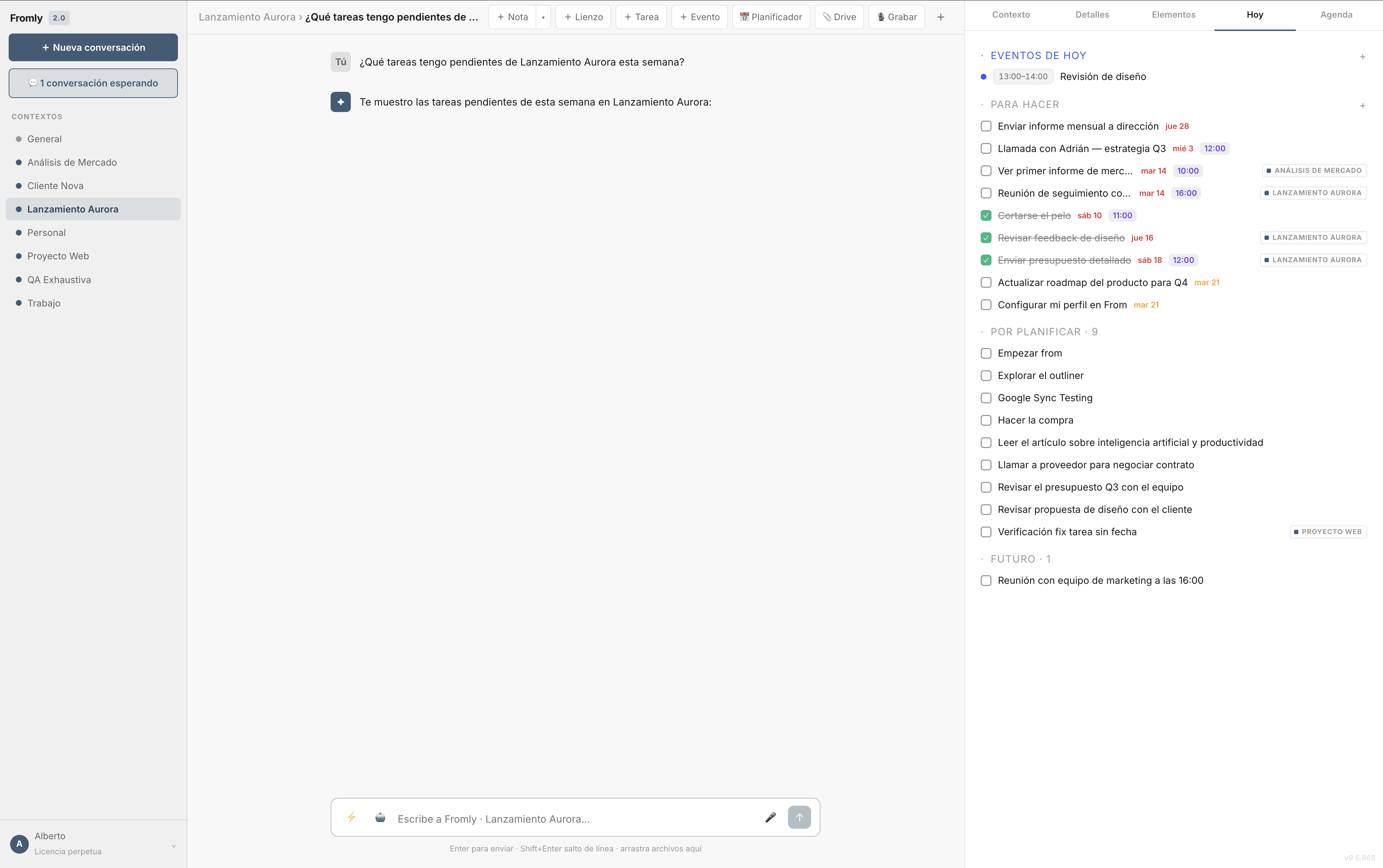 Panel de tareas con checkboxes y prioridades
