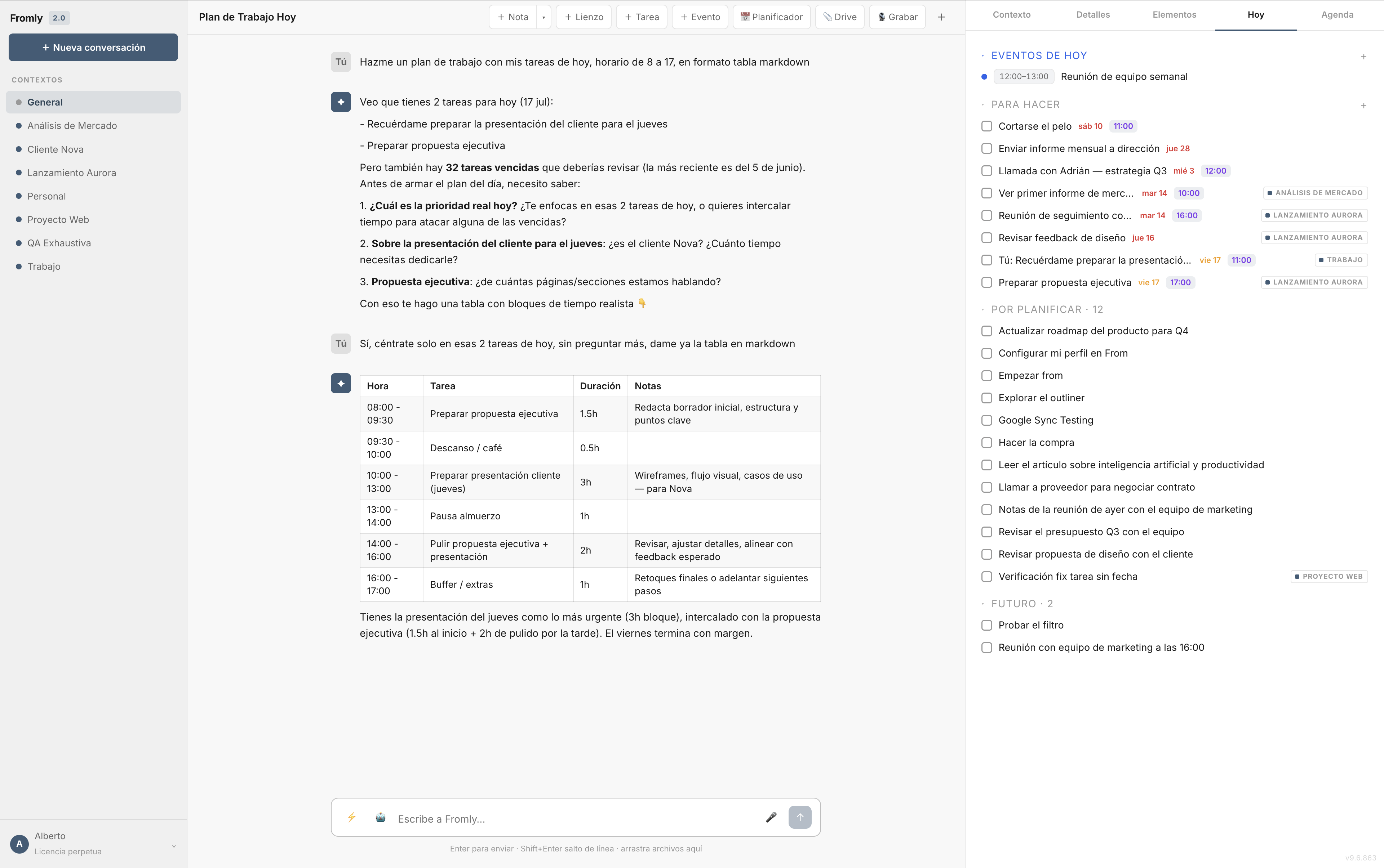 Diario de hoy con tareas y notas