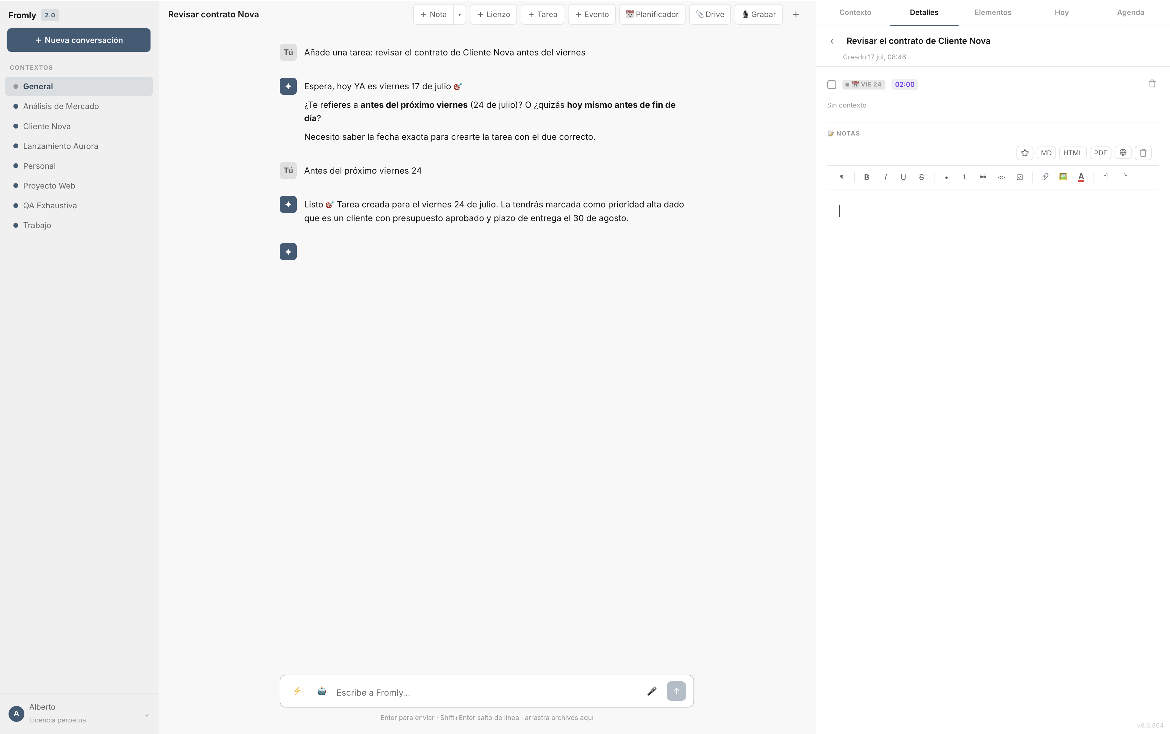 Fromly respondiendo una instrucción en el chat
