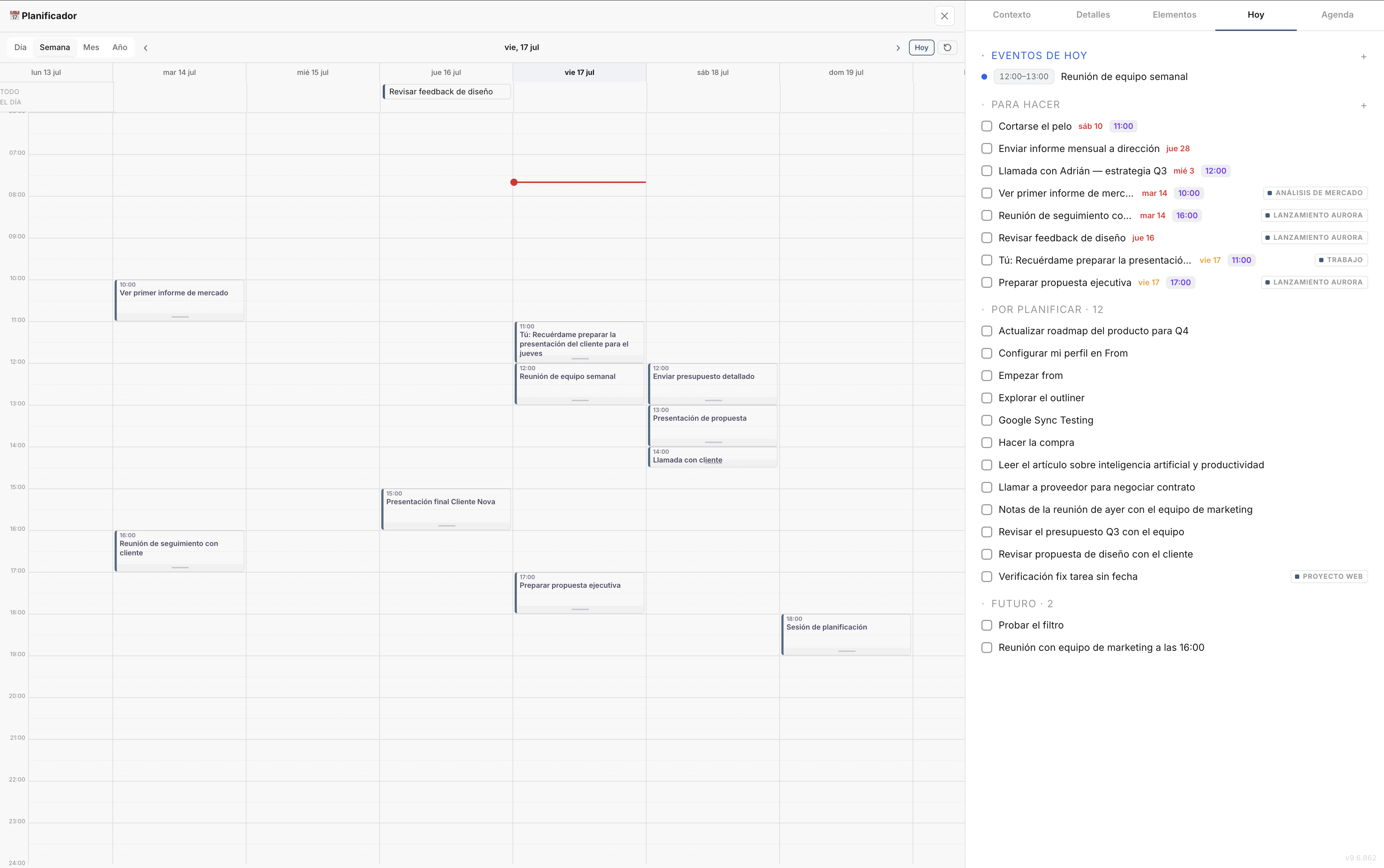 Planificador semanal con eventos de colores