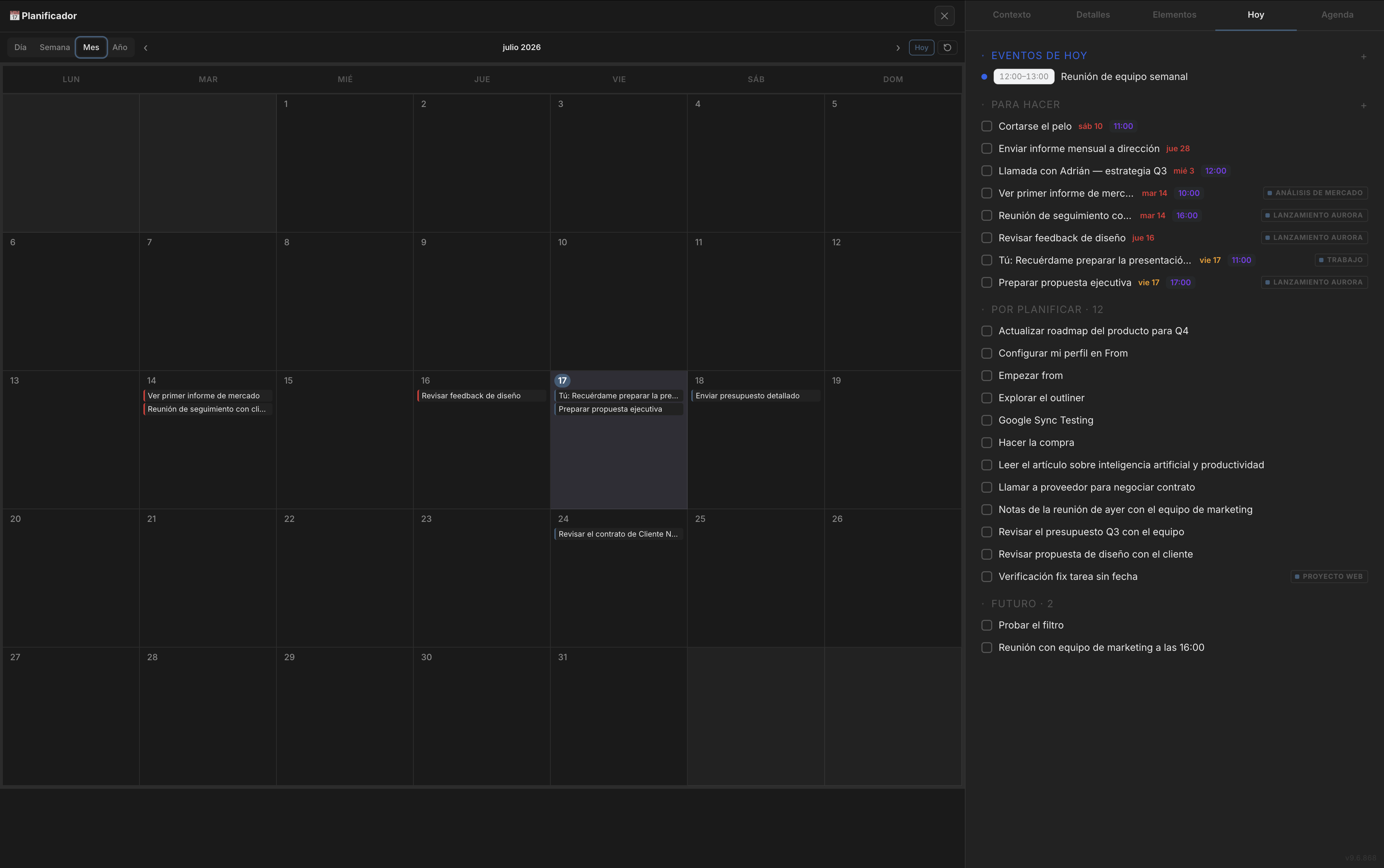 Calendario mensual de Fromly en modo oscuro