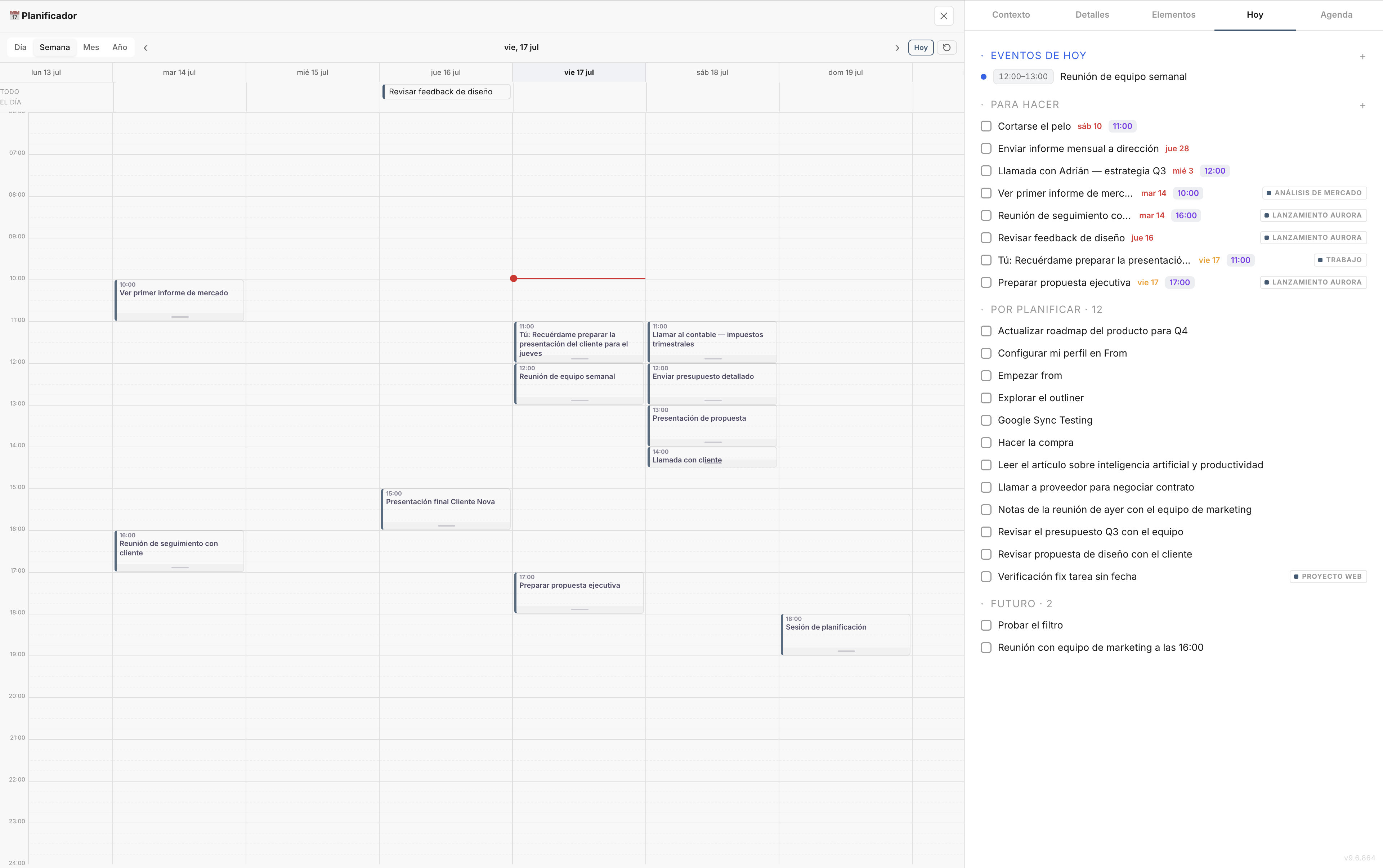 Vista semanal del planificador con tareas y eventos