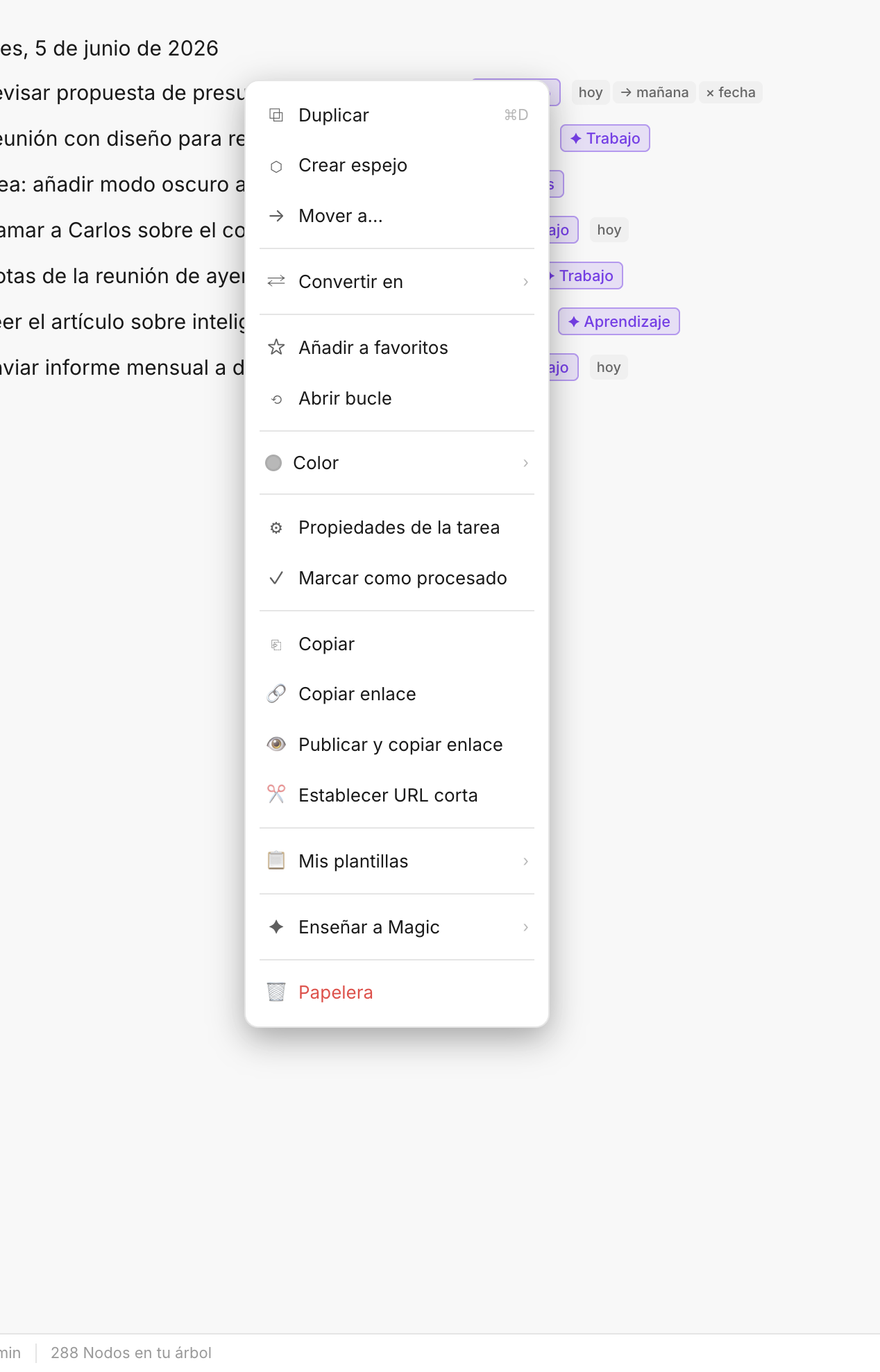Menú contextual con opciones de nodo