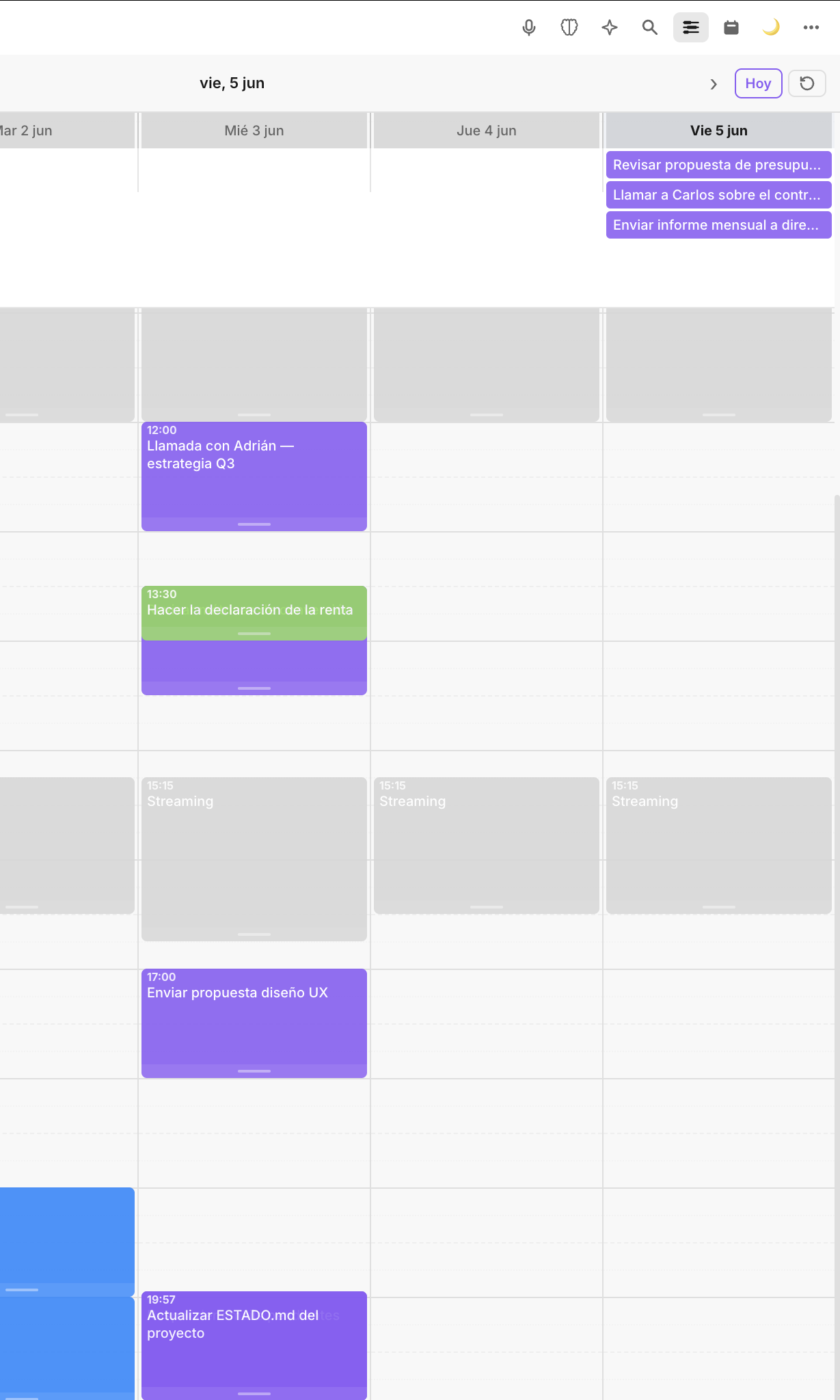 Vista del planificador semanal con eventos de colores