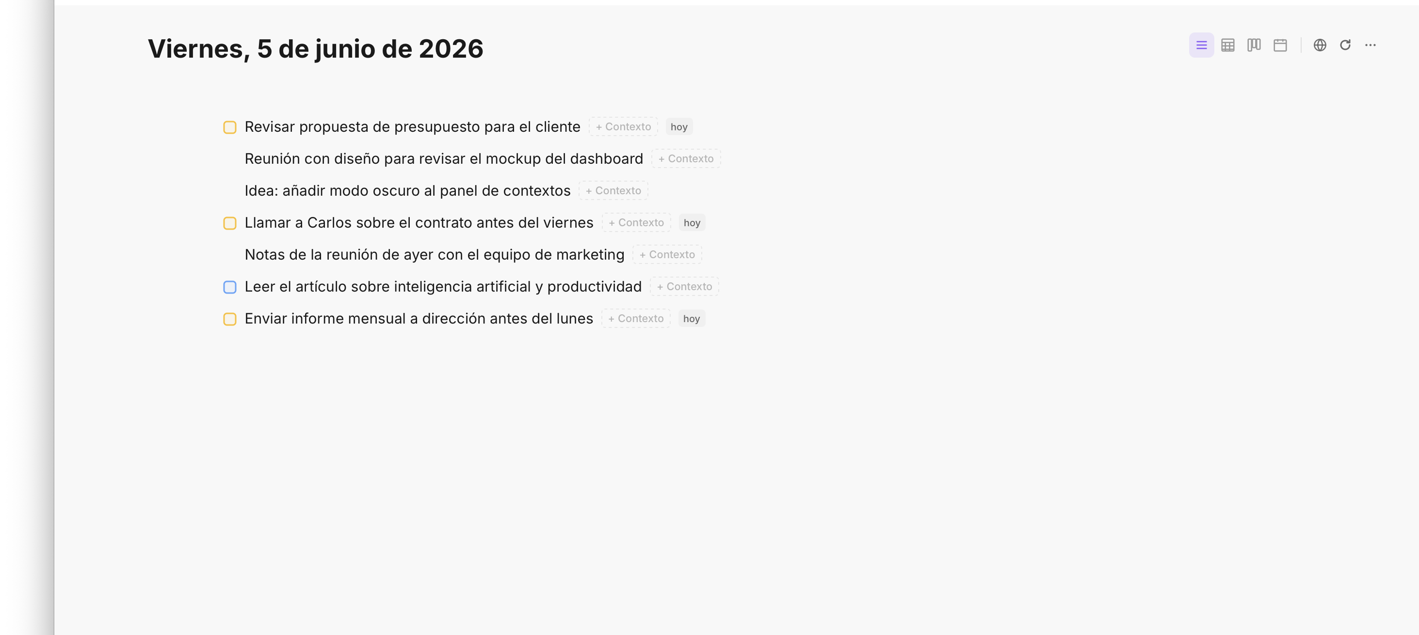 Panel de tareas con checkboxes y prioridades