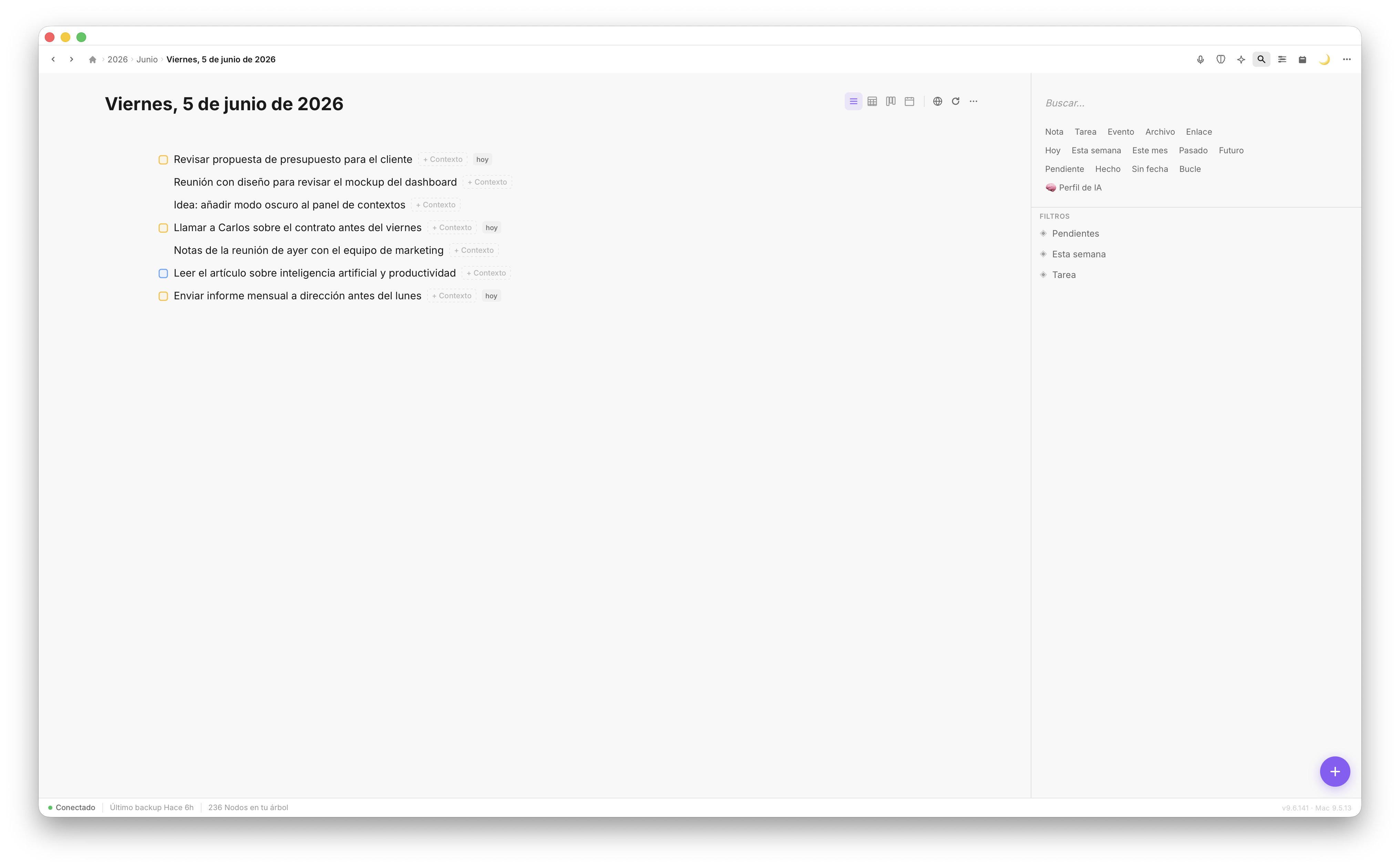 Diario de hoy con tareas y notas