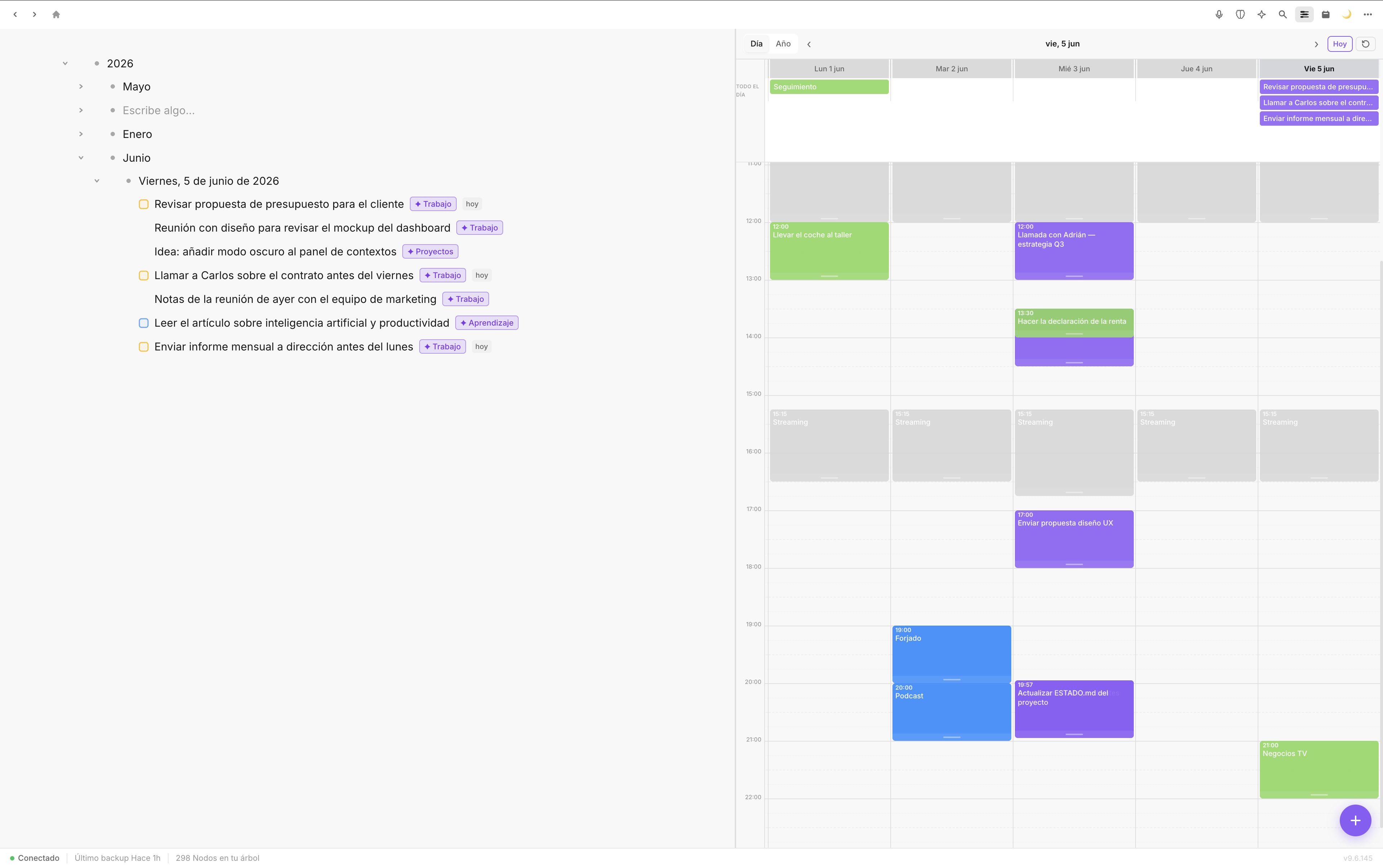 Planificador semanal con eventos de colores
